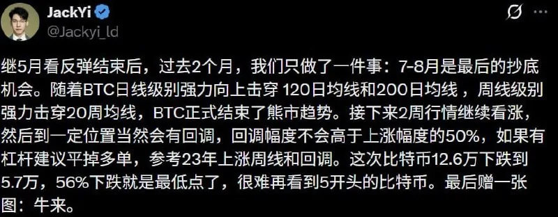 易理华：比特币已结束熊市趋势，未来两周继续看涨
